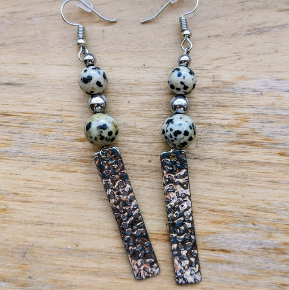 Jasper Bead Earrings with Long Silver-plated Rectangles